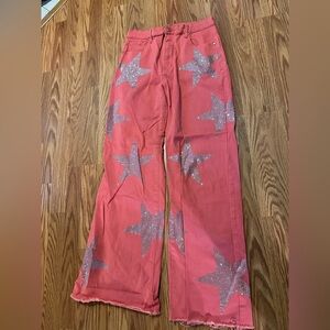Vibrant Coral Jeans with Silver Glitter Star